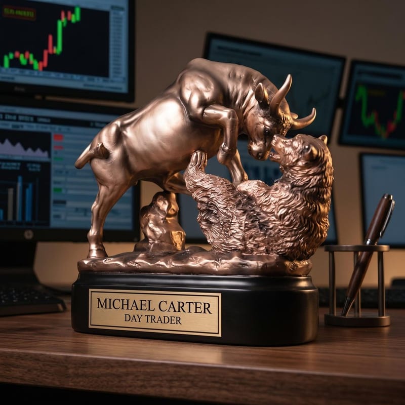 Bull and bear statue with engraved plate