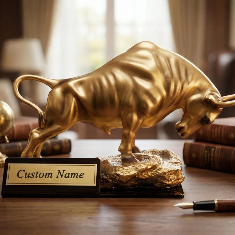 Gold-finish bull statue with name plate