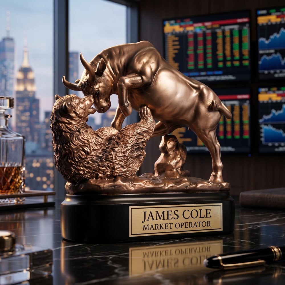 Bronze-finish bull and bear statue with an engraved name plate on a trading desk